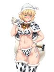  1girl absurdres animal_print bag bangs bell blonde_hair blush bow breasts cameltoe christmas cleavage closed_mouth collarbone cow_print cowbell fur-trimmed_gloves fur-trimmed_headwear fur-trimmed_legwear fur_trim gloves green_eyes hammer highres mizuhashi_parsee navel ootsuki_wataru panties pointy_ears pom_pom_(clothes) shiny shiny_hair shiny_skin short_hair solo standing stomach string_panties striped striped_bow sweatdrop thighhighs thighs touhou transparent_background underwear white_gloves white_headwear 