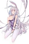  1girl absurdres bangs blush breasts breasts_outside cropped_legs emilia_(re:zero) fang flower hair_ornament highres large_breasts leotard long_hair open_mouth playboy_bunny pointy_ears purple_eyes re:zero_kara_hajimeru_isekai_seikatsu silver_hair simple_background solo white_background zhuxiao517 