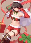  1girl :d arm_up armpits bandeau bare_shoulders bell black_hair boots bow bowtie brown_eyes brown_footwear choker christmas crop_top elbow_gloves flat_chest fur_trim gloves hand_up hat highres holding looking_at_viewer midriff navel original over-kneehighs rebutsu red_choker red_gloves red_headwear red_shorts revealing_clothes sack santa_costume santa_hat short_hair short_shorts shorts smile solo stomach strapless thigh_boots thigh_strap thighhighs thighs tube_top 