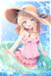  1girl blonde_hair blue_eyes braid camisole cloud hat innertube looking_at_viewer miniskirt open_mouth original outdoors pink_camisole pink_skirt pirason short_hair skirt sky smile solo sun_hat wading water 