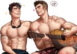  2boys abs bara chest_hair closed_eyes greenteaa guitar instrument large_pectorals male_focus mature_male multiple_boys muscular muscular_male open_mouth original pectorals short_hair smile spiked_hair tattoo thick_eyebrows topless_male 