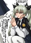  2girls anchovy_(girls_und_panzer) anger_vein angry anzio_school_uniform bangs black_cape black_ribbon black_skirt cape commentary dress_shirt drill_hair frown girls_und_panzer glaring green_hair hair_ribbon highres kanchou long_hair long_sleeves looking_at_another miniskirt multiple_girls necktie omachi_(slabco) open_mouth pantyhose pleated_skirt red_eyes ribbon school_uniform shirt skirt solo_focus sparkle squatting standing translated twin_drills twintails white_background white_legwear white_shirt wing_collar 