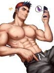  1boy abs bara eggplant greenteaa hat highres large_pectorals male_focus mature_male muscular muscular_male navel nipples original pectorals phone short_hair smile solo spiked_hair thick_eyebrows topless topless_male 