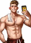  1boy abs bara greenteaa highres jewelry large_pectorals male_focus mature_male muscular muscular_male navel necklace nipples original pectorals phone red_shorts short_hair shorts solo spiked_hair thick_eyebrows topless topless_male towel 