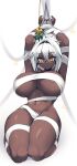  1girl :&lt; arms_up bandages bangs bound bound_wrists breasts commentary dark-skinned_female dark_skin english_commentary eyebrows_visible_through_hair full_body glasses hair_between_eyes highres huge_breasts looking_at_viewer mistletoe multicolored_eyes naked_bandage navel original simple_background sitting solo sub-res white_background white_hair yellow_eyes 