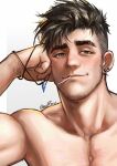  1boy bara chest_hair closed_mouth earrings greenteaa highres jewelry male_focus mature_male muscular muscular_male original pendant short_hair smile solo spiked_hair thick_eyebrows topless topless_male 