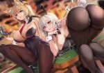  2girls absurdres animal_ears ass bangs bent_over black_bow black_bowtie black_hairband black_legwear black_leotard blonde_hair blush bow bowtie breasts commission damda detached_collar eyebrows_visible_through_hair fake_animal_ears hairband highres kaiser_(myeonggihusband) large_breasts leotard long_hair multiple_girls necktie original pantyhose parted_lips playboy_bunny poker_chip rabbit_ears red_eyes red_necktie second-party_source sitting white_hair 