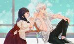  1boy 1girl bangs black_eyes black_footwear black_hair black_pants blue_eyes blunt_bangs blush chair closed_mouth collared_shirt couple cowboy_shot desk food_in_mouth gojou_satoru hetero highres holding_hands iori_utahime japanese_clothes jujutsu_kaisen kimono knee_up long_hair looking_away pants profile red_kimono round_eyewear shirt shoes short_sleeves sitting sunglasses suvin_(mononochi) white_hair white_kimono white_shirt wide_sleeves 