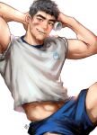  1boy arms_behind_head bara blue_shorts greenteaa highres looking_at_viewer male_focus mature_male muscular muscular_male original shirt short_hair shorts smile solo spiked_hair t-shirt thick_eyebrows white_shirt 