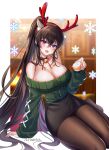  1girl :d absurdres animal_ears antlers arm_support bare_shoulders bell black_choker black_hair black_skirt bra_strap breasts brown_legwear choker christmas cleavage commentary counter:side fake_animal_ears fake_antlers green_sweater hairband halterneck hand_up highres jingle_bell large_breasts long_hair long_sleeves looking_at_viewer maett miniskirt off-shoulder_sweater off_shoulder pantyhose pencil_skirt ponytail purple_eyes reindeer_antlers sidelocks sitting skirt smile snowflakes solo sweater symbol-only_commentary very_long_hair yoo_mina 