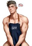  1boy apron bara brown_eyes earrings facial_hair glasses greenteaa highres jewelry male_focus mature_male muscular muscular_male nipple_slip nipples original piercing short_hair smile solo spiked_hair stubble thick_eyebrows 