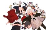  1boy 1girl black_eyes black_hair black_jacket black_pants black_shirt blue_eyes bow candy couple cowboy_shot food full_body gojou_satoru hairband headphones headphones_around_neck hetero highres holding holding_candy holding_food holding_lollipop hood hoodie iori_utahime jacket jujutsu_kaisen lollipop long_hair long_skirt long_sleeves looking_at_viewer lying on_back on_side one_eye_closed open_mouth pants picture_(object) ponytail red_skirt scar scar_on_face shirt short_hair skirt smile stuffed_toy suvin_(mononochi) tongue tongue_out white_background white_bow white_hair white_hoodie 