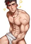  1boy abs bara greenteaa highres jewelry large_pectorals male_focus mature_male muscular muscular_male naked_towel navel necklace nipples original pectorals short_hair solo spiked_hair thick_eyebrows towel 