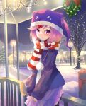  1girl alternate_costume animal_hat bag bangs bare_tree blush breath christmas christmas_lights coat commentary doki_doki_literature_club english_commentary hair_ornament hairclip hat lamppost long_sleeves looking_at_viewer mistletoe natsuki_(doki_doki_literature_club) night outdoors parted_lips pink_hair pink_skirt pleated_skirt pom_pom_(clothes) purple_coat purple_eyes scarf short_hair skirt sleeves_past_wrists solo striped striped_scarf swept_bangs takuyarawr tree winter_clothes 