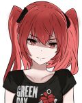  1girl american_idiot collarbone fire_emblem fire_emblem_awakening green_day group_name long_hair looking_at_viewer red_eyes red_hair severa_(fire_emblem) shaded_face shirt solo t-shirt thigh_high_tavi twintails upper_body white_background 