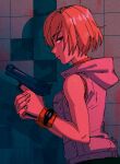  1girl bare_shoulders blonde_hair blood blood_on_wall brown_eyes closed_mouth dated eyebrows_visible_through_hair eyeshadow fingernails gun half-closed_eyes handgun heather_mason highres holding holding_gun holding_weapon hood hood_down kinuko_(kinucakes) looking_back makeup pink_eyeshadow shadow short_hair signature silent_hill silent_hill_3 solo tile_wall tiles turtleneck watch weapon wristwatch 