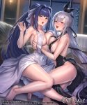  2girls :o bare_legs barefoot black_dress breast_grab breast_press breasts clarice_(evertale) cleavage clothing_cutout commentary_request cuboon dress evertale feet grabbing green_eyes hair_ribbon highres large_breasts looking_at_viewer ludmilla multiple_girls naughty_face navel navel_cutout official_art ponytail purple_hair red_eyes ribbon sideboob surprised symmetrical_docking thighs white_dress white_hair 