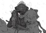  2girls ahoge bangs black_hair blood blood_on_face eyebrows_behind_hair eyebrows_visible_through_hair fate/grand_order fate_(series) fingerless_gloves fumafu gloves greyscale hair_between_eyes hair_over_one_eye hair_ribbon haori hat highres holding holding_sword holding_weapon injury japanese_clothes katana koha-ace long_hair looking_at_viewer military military_hat military_uniform monochrome multiple_girls oda_nobunaga_(fate) oda_nobunaga_(koha/ace) okita_souji_(fate) okita_souji_(koha/ace) one_eye_closed open_mouth ribbon scarf short_hair simple_background sword uniform upper_body weapon white_background 