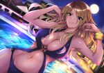  1girl :q armpits blonde_hair bracelet breasts brown_hair building cleavage dutch_angle eyebrows_visible_through_hair gradient_hair groin highres idolmaster idolmaster_shiny_colors izumi_mei jewelry large_breasts midriff monokini moon multicolored_hair navel night night_sky o-ring o-ring_swimsuit pool poolside purple_swimsuit shitamichi sky solo swimsuit tongue tongue_out 