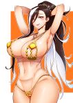  1girl areola_slip areolae armpits arms_behind_head arms_up asymmetrical_bangs bam.g bangs breasts brown_eyes brown_hair cowboy_shot curvy deconstructor_azaz gold_bikini gold_swimsuit high_ponytail highres huge_breasts last_origin linea_alba long_hair looking_at_viewer multicolored_hair navel navel_piercing piercing smile solo two-tone_hair white_hair 