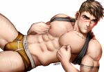 1boy abs bara bulge facial_hair greenteaa large_pectorals lying male_focus mature_male muscular muscular_male open_mouth original pectorals scar scar_on_face scar_on_nose short_hair solo spiked_hair stubble thick_eyebrows 