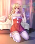  1girl arms_behind_back bang_dream! bangs bed bell blonde_hair blush breasts brown_eyes cellphone christmas closed_mouth curtains dress full_body fur-trimmed_dress fur_choker fur_trim highres holding holding_phone indoors jingle_bell kirigaya_touko kneeling long_hair looking_at_viewer medium_breasts neck_bell night phone ptal red_dress santa_dress selfie sleeveless sleeveless_dress smartphone smile solo strapless strapless_dress taking_picture thighhighs white_legwear window 