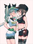  2girls anchovy_(girls_und_panzer) bangs baseball_bat baseball_cap baseball_mitt baseball_uniform bike_shorts bike_shorts_under_shorts black_headwear black_ribbon black_shirt black_shorts blush breath brown_eyes brown_hair closed_eyes clothes_writing commentary_request crop_top cross drill_hair eisu_(eith) emblem from_side girls_und_panzer girls_und_panzer_senshadou_daisakusen! gloves green_belt green_gloves green_hair grey_background grimace hair_ribbon half-closed_eyes hand_on_another&#039;s_stomach hand_on_hip hat heart highres holding holding_baseball_bat iron_cross kuromorimine_(emblem) long_hair looking_at_another midriff multiple_girls navel nishizumi_maho over_shoulder partial_commentary print_headwear print_shirt revealing_clothes ribbon romaji_text shirt short_hair short_sleeves shorts simple_background skindentation sleeveless sleeveless_shirt smile sportswear standing sweat thighhighs twin_drills twintails visor_cap white_headwear white_shirt white_shorts yuri 