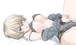  1girl bangs bed_sheet black_bra black_panties blue_eyes blue_jacket blush bra breasts commentary crotch_seam elf_(stroll_in_the_woods) empty_eyes girls_und_panzer half-closed_eyes implied_sex jacket jacket_pull keizoku_military_uniform long_sleeves looking_to_the_side lying medium_breasts on_back on_bed open_mouth panties short_hair silver_hair solo spread_legs sweat textless underwear white_background youko_(girls_und_panzer) 