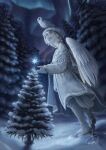  1girl aurora barn_owl bird blue_eyes boots christmas christmas_tree coat dark feathered_wings highres knee_boots mizutame_tori night night_sky original outdoors owl pale_skin signature sky snow solo sparkle star_(sky) tree white_footwear white_hair white_headwear white_wings wings 