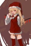  1girl :d absurdres alternate_color alternate_costume alternate_headwear arm_behind_back bangs blonde_hair brown_background christmas collared_shirt drawstring dress eyebrows_visible_through_hair fang feet_out_of_frame flandre_scarlet from_side fur-trimmed_dress fur-trimmed_headwear fur-trimmed_legwear fur_trim hair_between_eyes hand_up hat highres long_hair long_sleeves looking_at_viewer looking_to_the_side nail_polish no_lineart open_mouth pinafore_dress pom_pom_(clothes) red_dress red_eyes red_headwear red_legwear red_nails reddizen santa_hat shirt short_dress side_ponytail sketch skin_fang slit_pupils smile solo standing thighhighs touhou white_shirt wing_collar zettai_ryouiki 