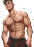  1boy abs bara greenteaa highres jewelry large_pectorals looking_at_viewer male_focus mature_male muscular muscular_male necklace nipples open_mouth original pectorals short_hair smoking solo spiked_hair thick_eyebrows topless_male 