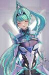 1girl bangs breasts chest_jewel closed_eyes earrings gem gloves greek_text green_eyes green_hair headpiece highres jewelry karuushi large_breasts long_hair pneuma_(xenoblade) ponytail solo swept_bangs tiara very_long_hair xenoblade_chronicles_(series) xenoblade_chronicles_2 