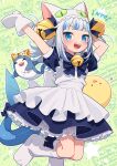  &gt;_&lt; 1girl :d alternate_costume animal_hat arms_up bell bloop_(gawr_gura) blue_eyes blue_hair commentary cosplay dejiko dejiko_(cosplay) di_gi_charat enmaided fish_tail gawr_gura gema hair_bell hair_ornament hat highres hololive hololive_english jingle_bell long_hair looking_at_viewer maid mittens multicolored_hair neck_bell puchiko puchiko_(cosplay) puffy_short_sleeves puffy_sleeves shark_tail sharp_teeth short_sleeves smile solo streaked_hair tail teeth two-tone_hair uchako virtual_youtuber white_hair white_mittens xd 