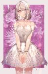  1girl absurdres armpits blurry breasts bride cleavage collarbone dress ear_piercing flower hair_between_eyes hair_flower hair_ornament hairpin highres jewelry kayahara lace lace_dress large_breasts looking_at_viewer magenta_background medium_breasts necklace original piercing short_hair sleeveless sleeveless_dress wedding_dress white_dress 