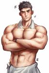  1boy abs bara crossed_arms greenteaa highres jewelry large_pectorals male_focus mature_male muscular muscular_male naked_towel navel necklace nipples original pectorals short_hair solo spiked_hair thick_eyebrows topless topless_male towel 