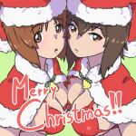  2girls alternate_costume bell bikini breast_press breasts capelet eyebrows_visible_through_hair fur-trimmed_capelet fur_trim girls_und_panzer green_background highres huaronanago large_breasts looking_at_viewer merry_christmas multiple_girls neck_bell nishizumi_maho nishizumi_miho red_bikini red_capelet santa_bikini santa_costume swimsuit 