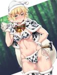  1girl animal_print artist_name bag bangs bell blonde_hair blush bow breasts cameltoe christmas cleavage closed_mouth collarbone cow_print cowbell fur-trimmed_gloves fur-trimmed_headwear fur-trimmed_legwear fur_trim gloves green_eyes hammer highres mizuhashi_parsee navel ootsuki_wataru panties pointy_ears pom_pom_(clothes) shiny shiny_hair shiny_skin short_hair solo standing stomach string_panties striped striped_bow sweatdrop thighhighs thighs touhou underwear white_gloves white_headwear 