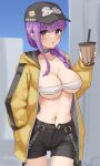  1girl bandeau bangs baseball_cap bb_(fate) bb_(swimsuit_mooncancer)_(fate) black_headwear black_shorts blush braid braided_ponytail breasts bubble_tea choker cleavage collarbone commentary_request cup disposable_cup drinking_straw fate/grand_order fate_(series) hat jacket kopaka_(karda_nui) large_breasts long_hair long_sleeves looking_at_viewer navel open_clothes open_jacket open_mouth purple_eyes purple_hair shorts solo thighs very_long_hair yellow_jacket 