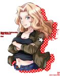  1girl artist_name black_shirt blonde_hair blue_eyes blue_shorts breasts brown_jacket character_name closed_mouth commentary cropped_torso crossed_arms dated denim denim_shorts emblem english_text girls_und_panzer hair_intakes jacket kay_(girls_und_panzer) long_hair long_sleeves looking_at_viewer medium_breasts midriff military military_uniform navel nishi_itsumi open_clothes open_fly open_jacket saunders_military_uniform shirt shorts silhouette simple_background smile solo standing star_(symbol) uniform white_background 