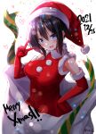  1girl bangs black_hair blue_eyes blush dated dress elbow_gloves eyebrows_visible_through_hair fur-trimmed_gloves fur_trim gloves hair_between_eyes hand_on_hip hand_up hat heart highres in_container in_sack looking_at_viewer merry_christmas mokufuu open_mouth original red_dress red_gloves red_headwear sack santa_costume santa_hat simple_background sleeveless sleeveless_dress smile solo twitter_username v white_background 