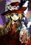  1girl blonde_hair blue_eyes brown_headwear brown_skirt brown_vest collared_shirt dolls_in_pseudo_paradise frilled_hat frills hat hat_feather highres jacket_girl_(dipp) kaigen_1025 long_hair long_sleeves looking_at_viewer open_mouth shirt skirt touhou vest wavy_hair white_shirt 
