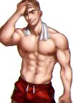  1boy abs bara greenteaa highres large_pectorals male_focus mature_male muscular muscular_male navel nipples original pectorals red_shorts short_hair shorts solo spiked_hair thick_eyebrows topless topless_male towel towel_around_neck 