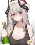  1girl absurdres arknights bangs bare_shoulders bottle breasts champagne_bottle cleavage commentary_request eyebrows_visible_through_hair gradient gradient_background grey_background hair_between_eyes hat head_tilt highres holding holding_bottle horns hyakutarou_(momotar0_4) large_breasts mudrock_(arknights) pointy_ears red_headwear santa_hat silver_hair solo sports_bra upper_body white_background 