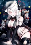  1girl abyssal_ship batavia_princess black_gloves black_headwear breasts colored_skin commentary_request elbow_gloves fur-trimmed_gloves fur-trimmed_headwear fur_trim gloves hat hi_ye highres kantai_collection large_breasts long_hair nautilus_(animal) red_eyes santa_hat solo white_hair white_skin 