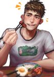  1boy bara eating food greenteaa highres holding looking_at_viewer male_focus muscular noodles open_mouth original print_shirt ramen shirt short_hair smile solo spiked_hair thick_eyebrows undercut white_shirt 