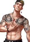  1boy abs bara bracelet greenteaa hat highres jewelry large_pectorals male_focus mature_male muscular muscular_male navel necklace nipples original pectorals short_hair solo spiked_hair tattoo thick_eyebrows topless topless_male 