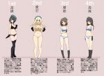  4girls aqua_bra aqua_panties arched_back arms_behind_back atago_(kancolle) bare_arms bare_legs bare_shoulders barefoot beret black_bra black_gloves black_hair black_panties blonde_hair blue_eyes blue_headwear blue_panties blush bra breast_hold breasts cassandra_(seishun_katsu_sando) choukai_(kancolle) collarbone commentary contrapposto crossed_arms elbow_gloves from_side full_body gloves groin hair_between_eyes hand_on_own_chest hat highres kantai_collection large_breasts long_hair looking_at_viewer maya_(kancolle) midriff mini_hat multiple_girls navel panties red_eyes remodel_(kantai_collection) short_hair standing takao_(kancolle) thigh_gap thighhighs thighs toes translation_request underwear underwear_only white_bra white_panties yellow_bra yellow_panties 