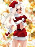  1girl akichin_(atelier_baguri) ass blonde_hair blue_eyes capelet fur-trimmed_capelet fur-trimmed_gloves fur-trimmed_headwear fur_trim gloves hat kantai_collection long_hair red_capelet red_gloves red_headwear ro-500_(kancolle) santa_costume santa_hat sleeveless solo tan 