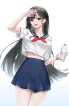  1girl absurdres arm_up bangs black_hair bottle breasts dress happy highres kawauso_(ppdp7544) large_breasts legs_together open_mouth original purple_eyes sailor_collar sailor_dress sailor_senshi_uniform school_uniform solo thighs water_bottle white_background 