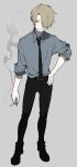  1boy black_pants blonde_hair chibisuke cigarette facial_hair full_body hair_over_one_eye highres holding holding_cigarette male_focus muted_color necktie one_piece pants sanji simple_background sleeves_rolled_up smile solo 